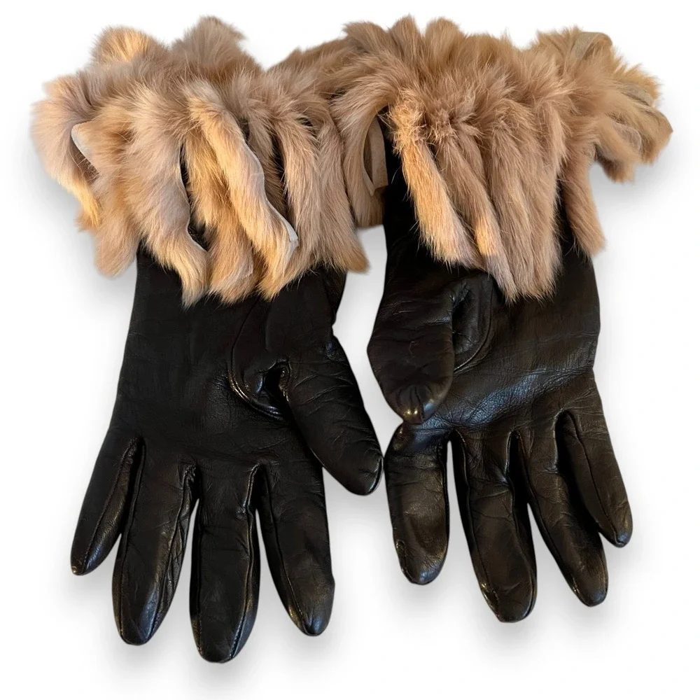Portolano Brown Italian Leather Gloves Fur Cuff Cashmere Lined Women's Size 6.5